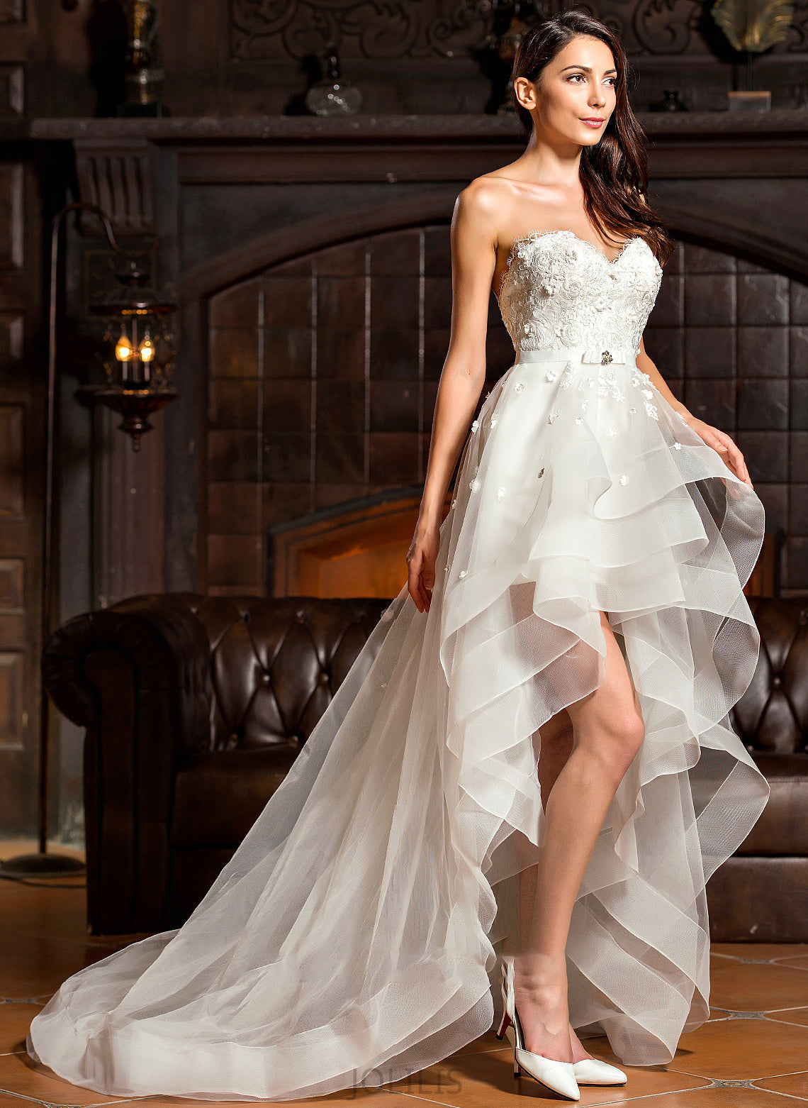 A-Line Beading Asymmetrical Tulle Sweetheart With Wedding Lola Wedding Dresses Dress Bow(s)