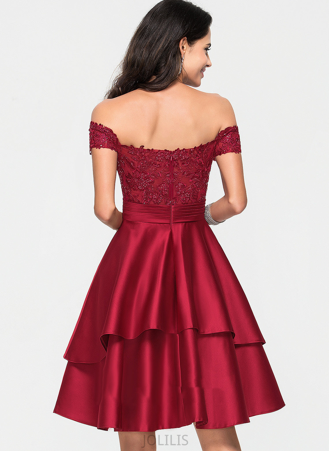 Off-the-Shoulder Abbigail Knee-Length Lace Dress Satin A-Line Homecoming Dresses With Sequins Homecoming