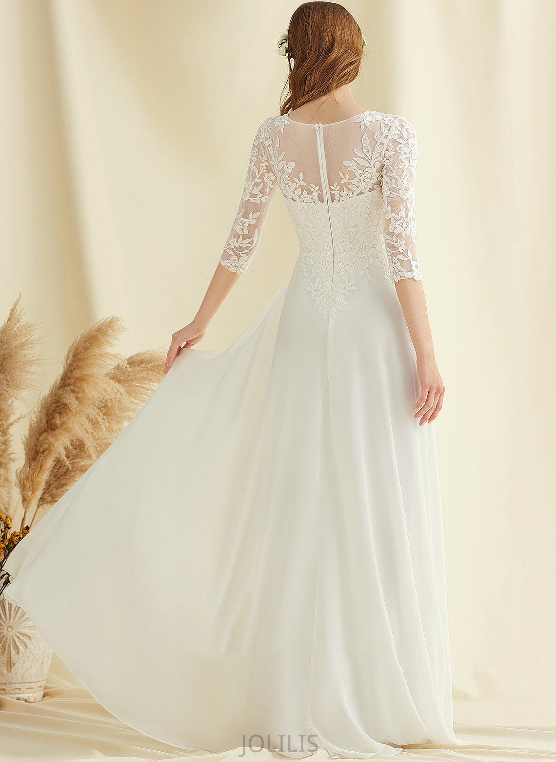 Wedding V-neck Kenzie Floor-Length Wedding Dresses Chiffon Dress Lace A-Line