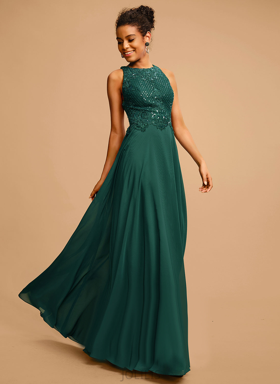 Prom Dresses Sequins Jasmin Lace A-Line Chiffon With Floor-Length Scoop