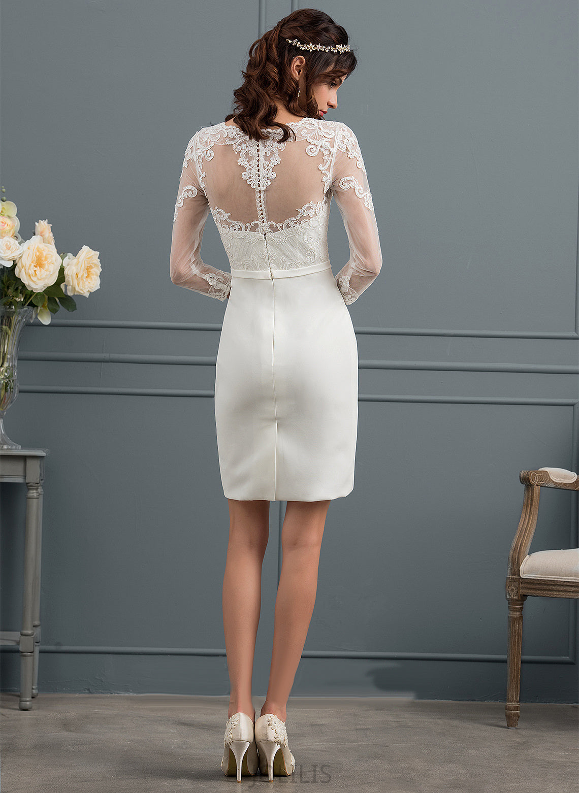 Lace Sequins Wedding Dresses With Bow(s) Crepe Ada Dress Stretch Wedding Illusion Sheath/Column Knee-Length