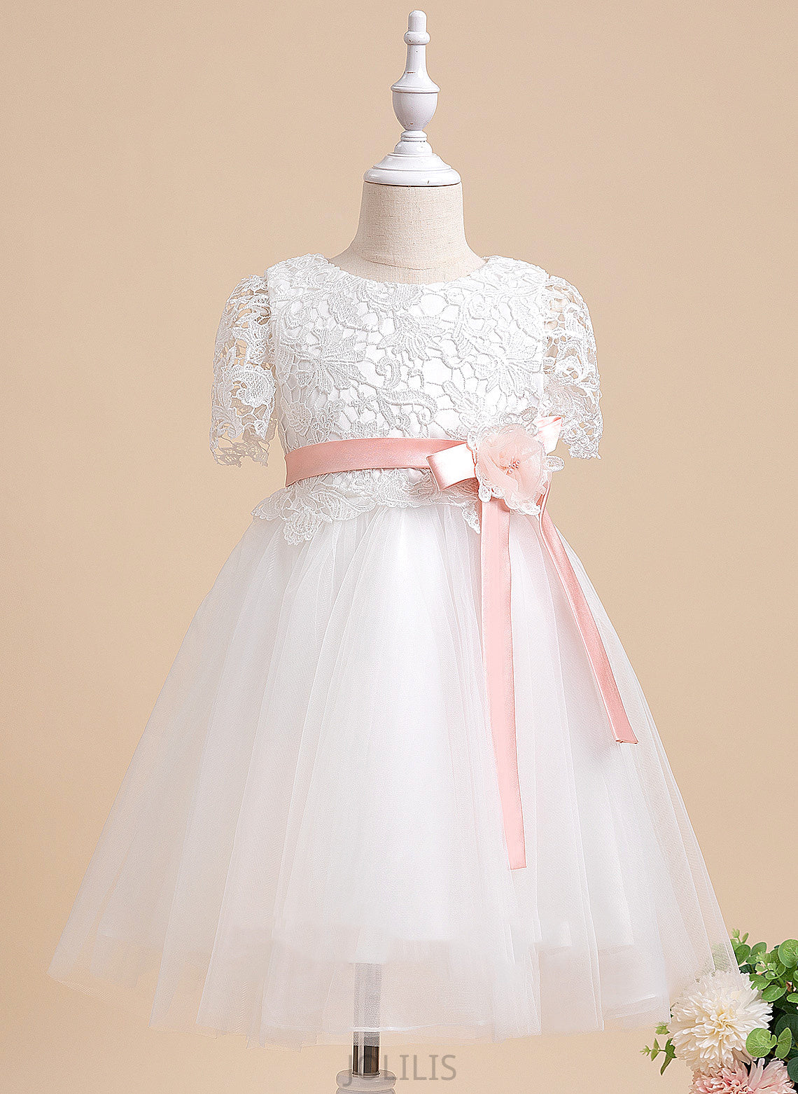 Scoop Karen Sleeves Knee-length Tulle/Lace With Neck Flower Girl Flower Girl Dresses Sash/Flower(s) - A-Line Short Dress