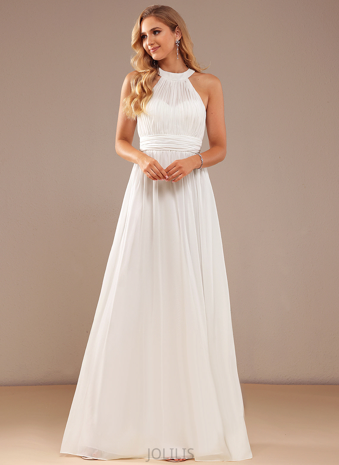 Chiffon High With Ruffle Wedding Dresses Jan Wedding Dress Floor-Length Neck A-Line