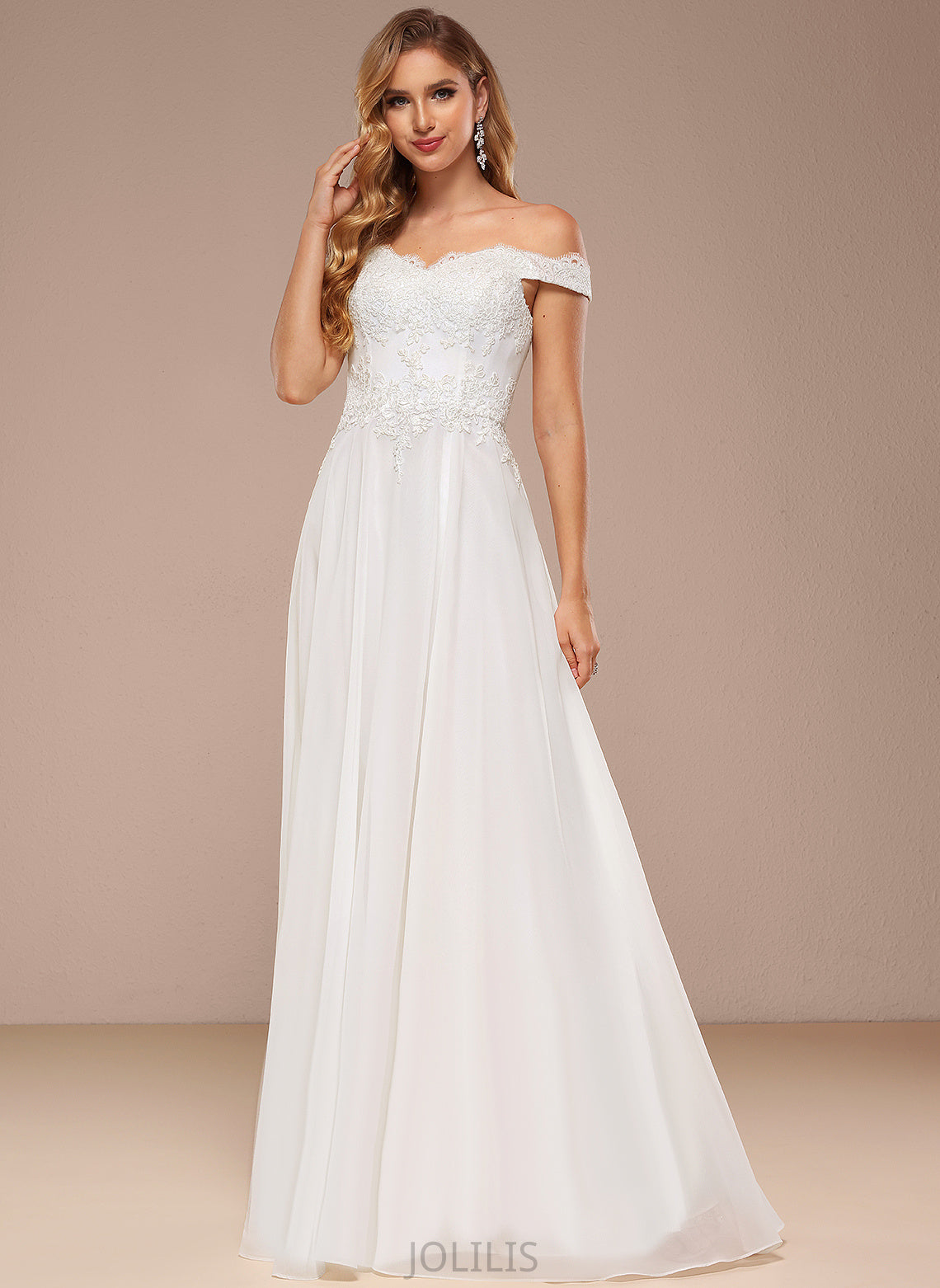 A-Line Dress With Sequins Wedding Dresses Chiffon Lace Kasey Wedding Floor-Length Off-the-Shoulder