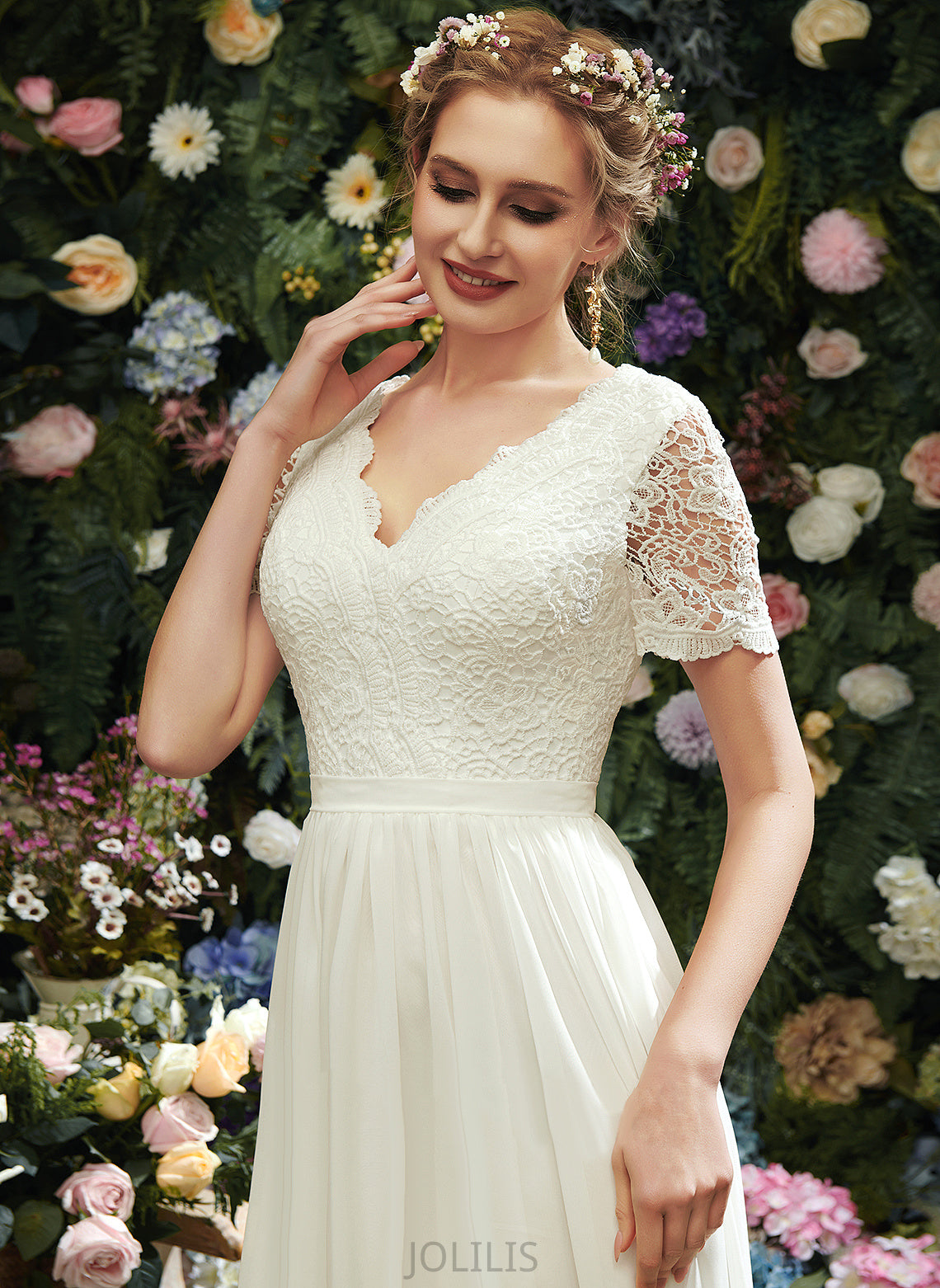 Asymmetrical Dress Wedding A-Line Juliet Wedding Dresses With Chiffon V-neck Lace