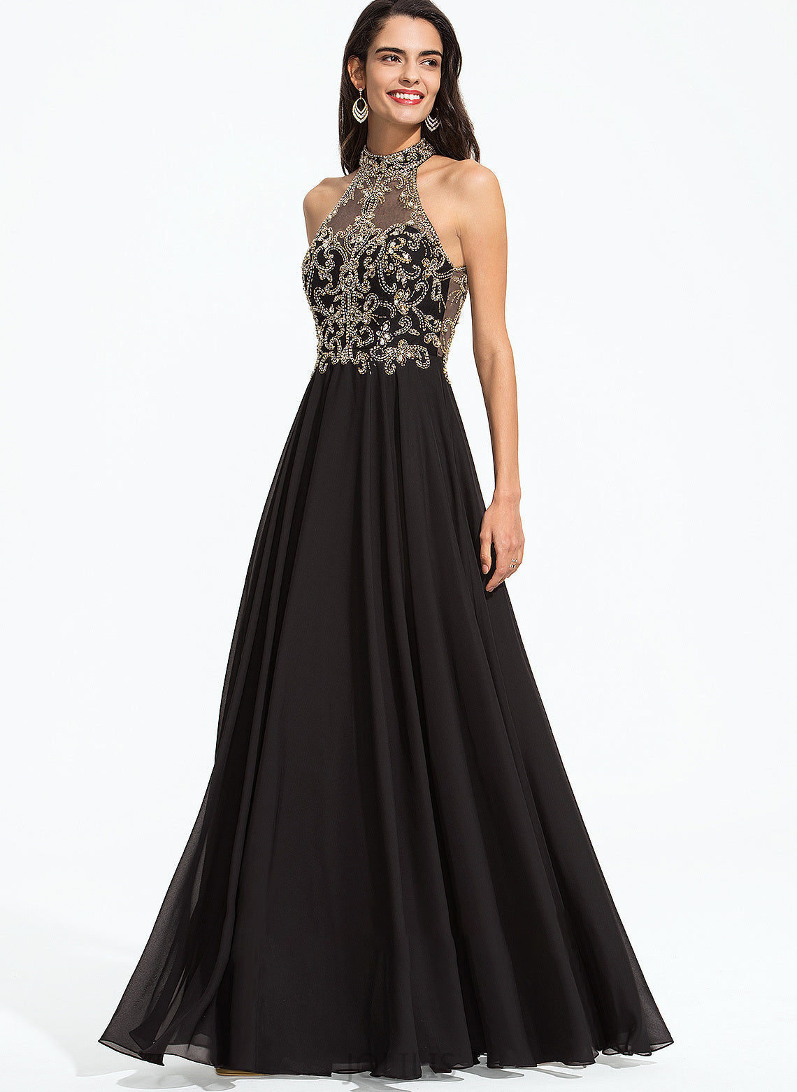 Chiffon With Beading Neck Clarissa A-Line High Floor-Length Prom Dresses Sequins