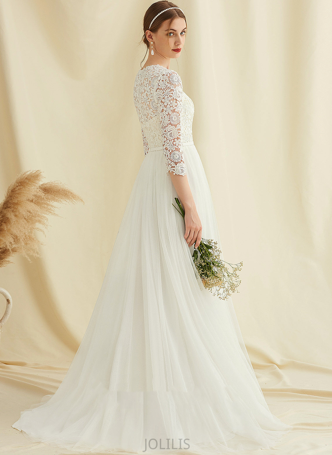 A-Line Wedding Dress Train Sweep Tulle Wedding Dresses Peggie Lace