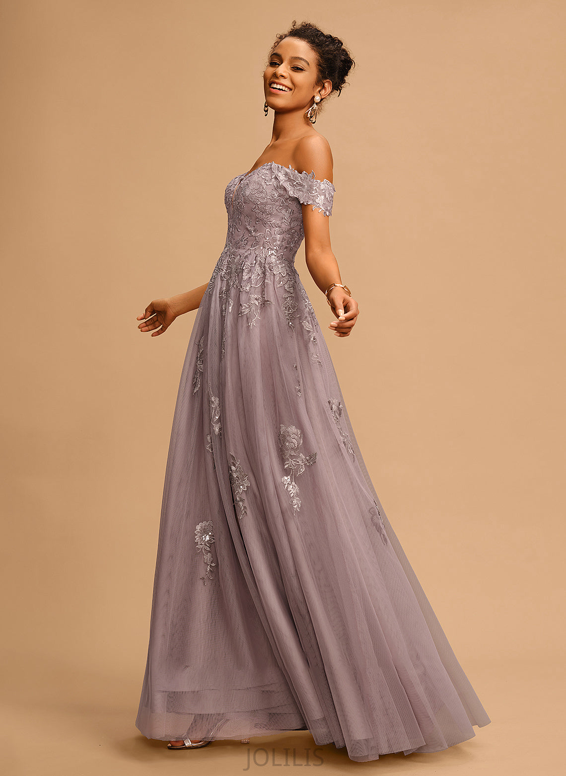 Off-the-Shoulder Tulle Floor-Length Sequins With A-Line Prom Dresses Averi