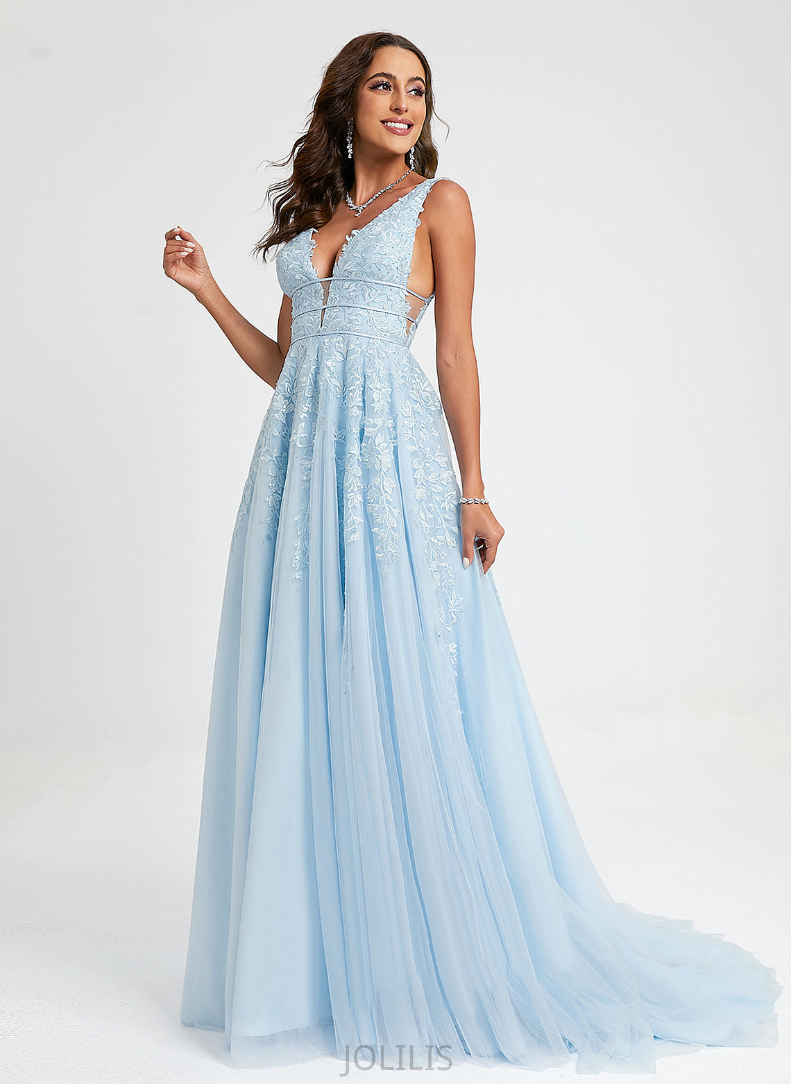 Train Tulle Prom Dresses Ball-Gown/Princess Beading With V-neck Lace Sweep Aria