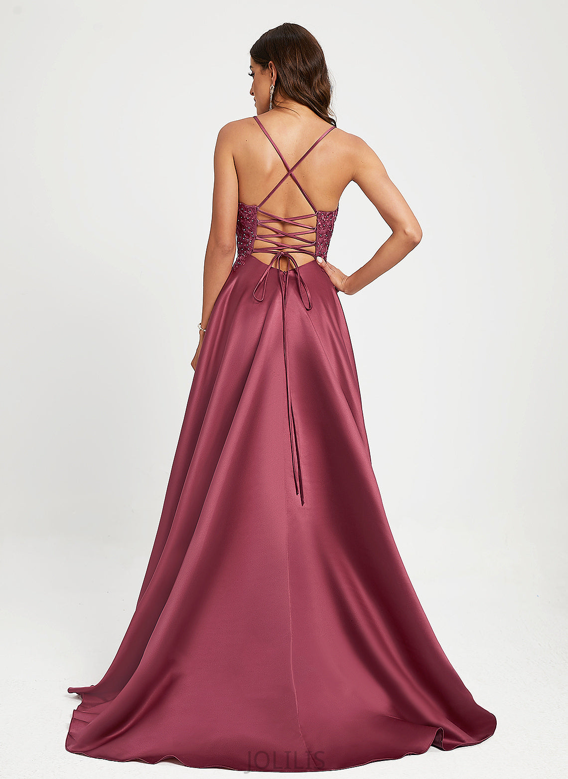 Sweep A-Line Satin Sequins Train With Beading Prom Dresses Jaylynn Square