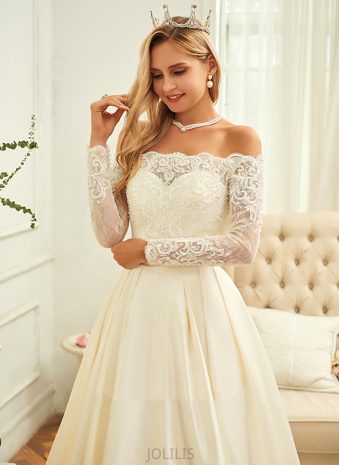 Ball-Gown/Princess Dress Off-the-Shoulder Train Sweep Juliette Lace Sequins Wedding Dresses Satin With Beading Wedding