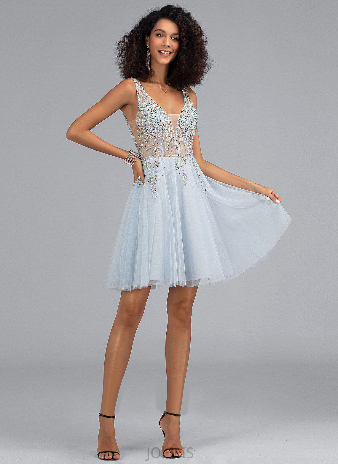 Dahlia Sequins V-neck Tulle Prom Dresses With A-Line Beading Short/Mini