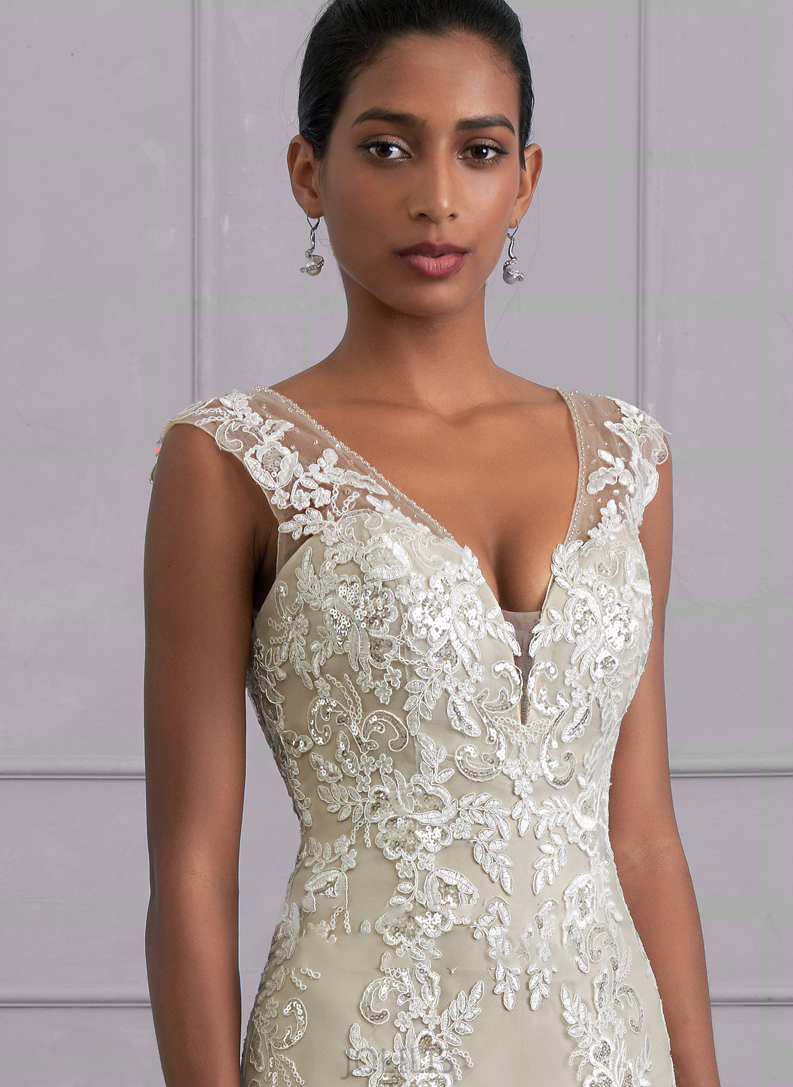 A-Line Sequins Court Train Jayda Dress V-neck Beading With Wedding Dresses Wedding Tulle Lace