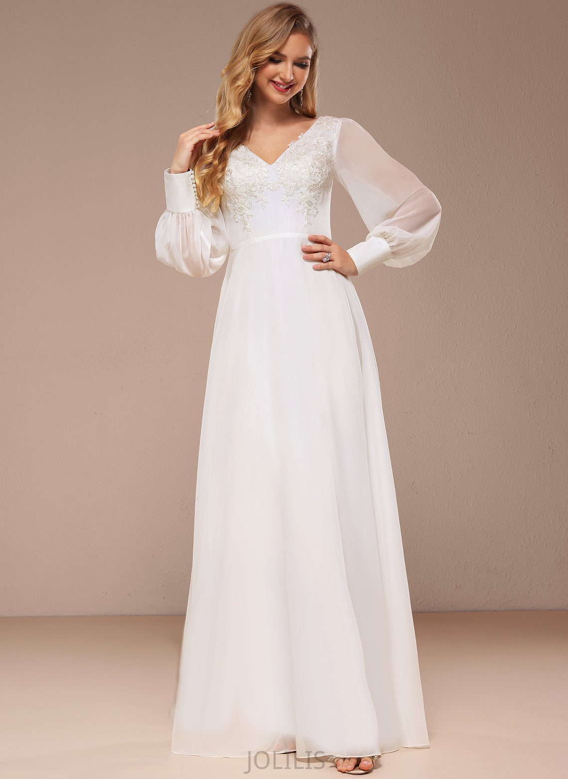 A-Line Floor-Length Wedding Dresses With Chiffon Dress Sequins Lace V-neck Wedding Helena