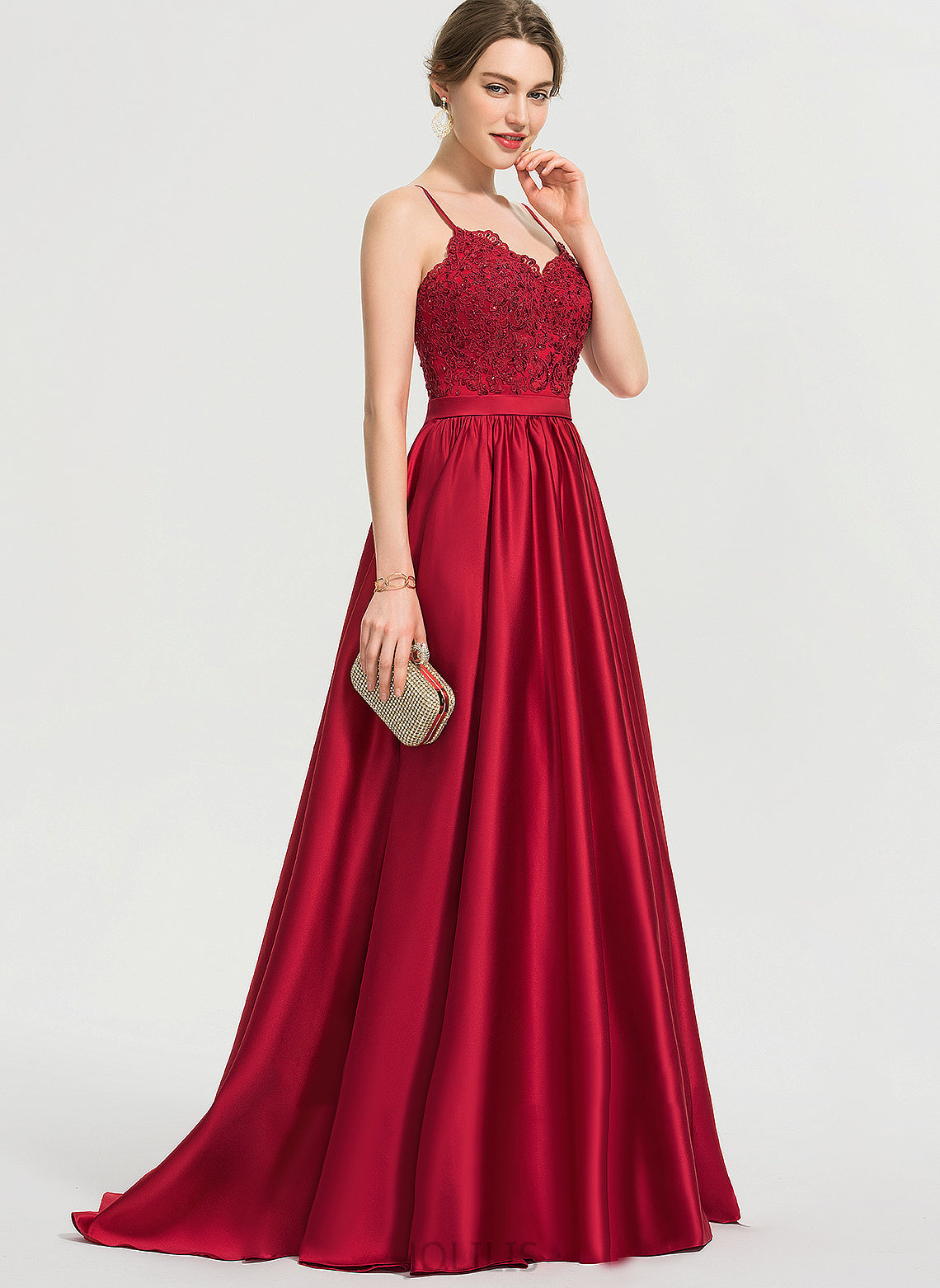 Beading Sweep Amina Train With Ball-Gown/Princess Lace Satin V-neck Sequins Prom Dresses