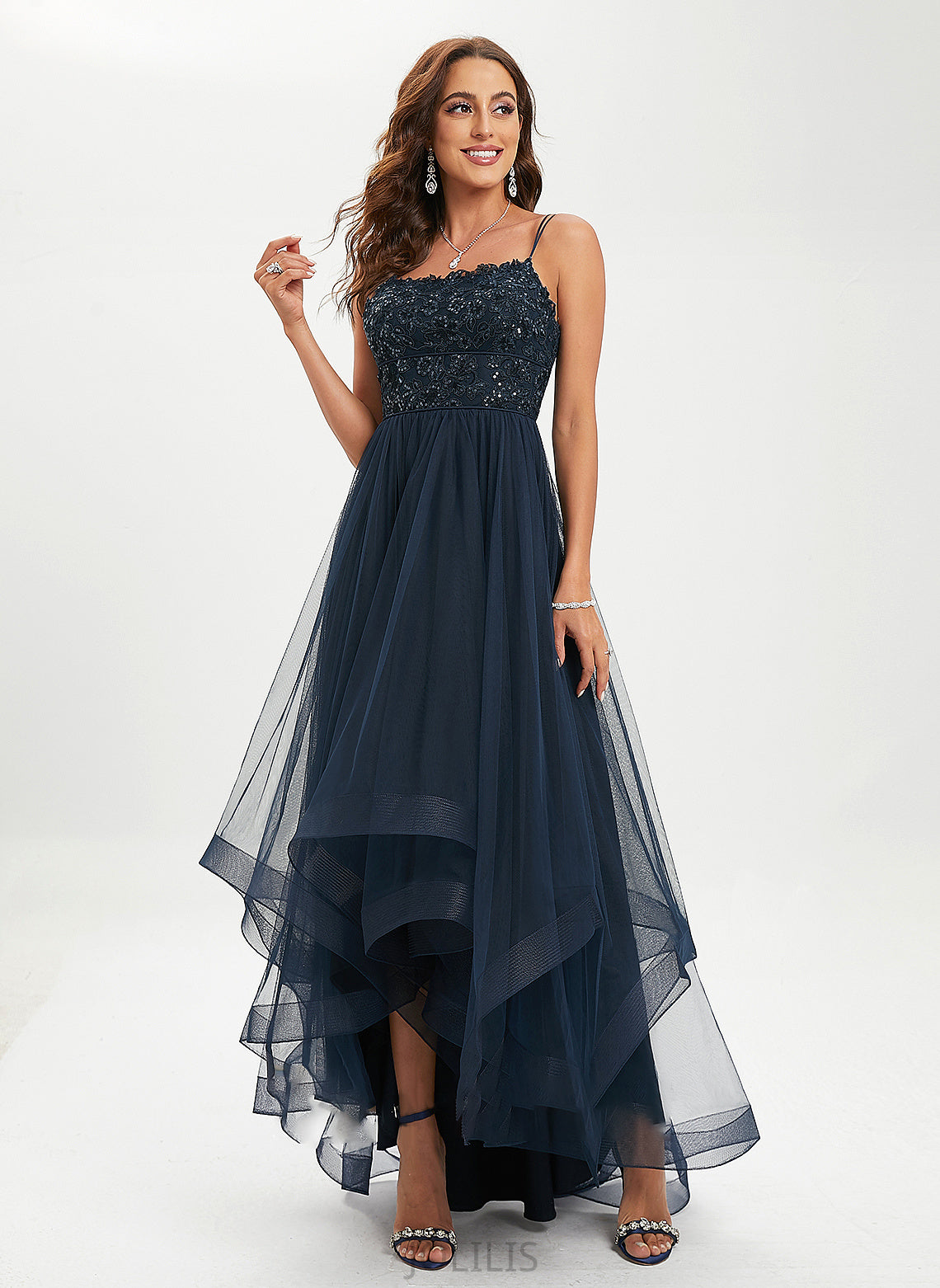 Sequins Scoop Neck Prom Dresses Asymmetrical Lace Ball-Gown/Princess With Willa Tulle