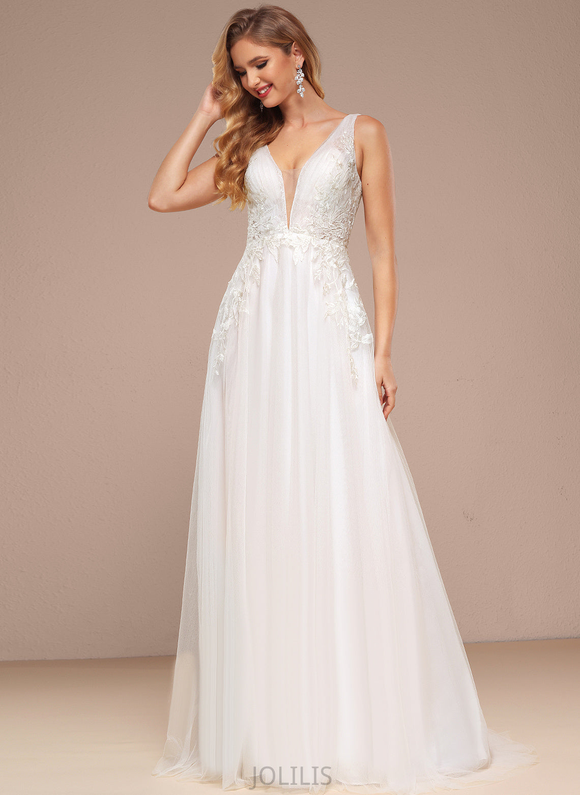 Wedding Dresses Kailey Sweep Wedding Dress With Train A-Line V-neck Tulle Lace Sequins