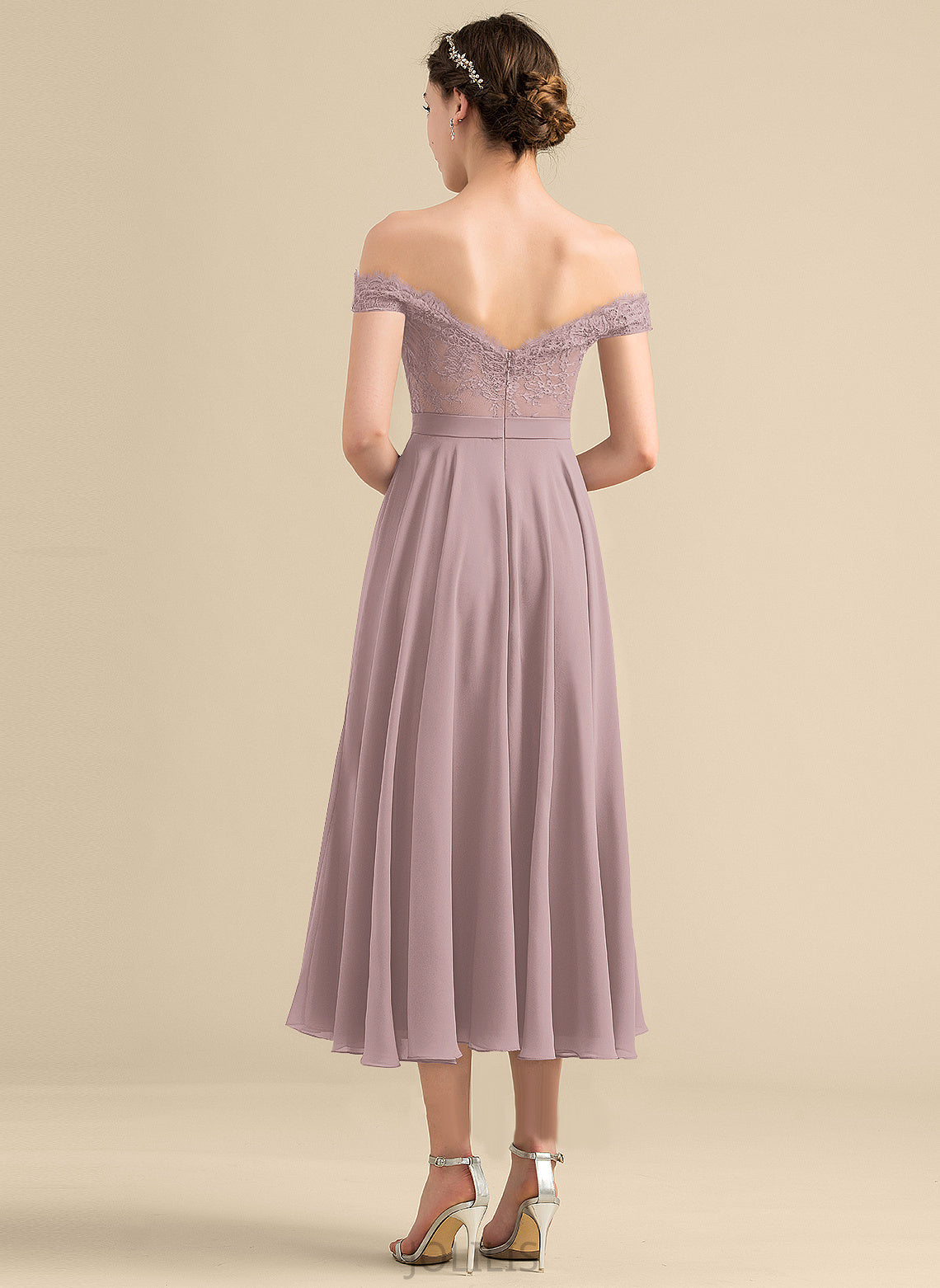 With A-Line Dress Beading Lace Homecoming Dresses Homecoming Off-the-Shoulder Tea-Length Lily Chiffon