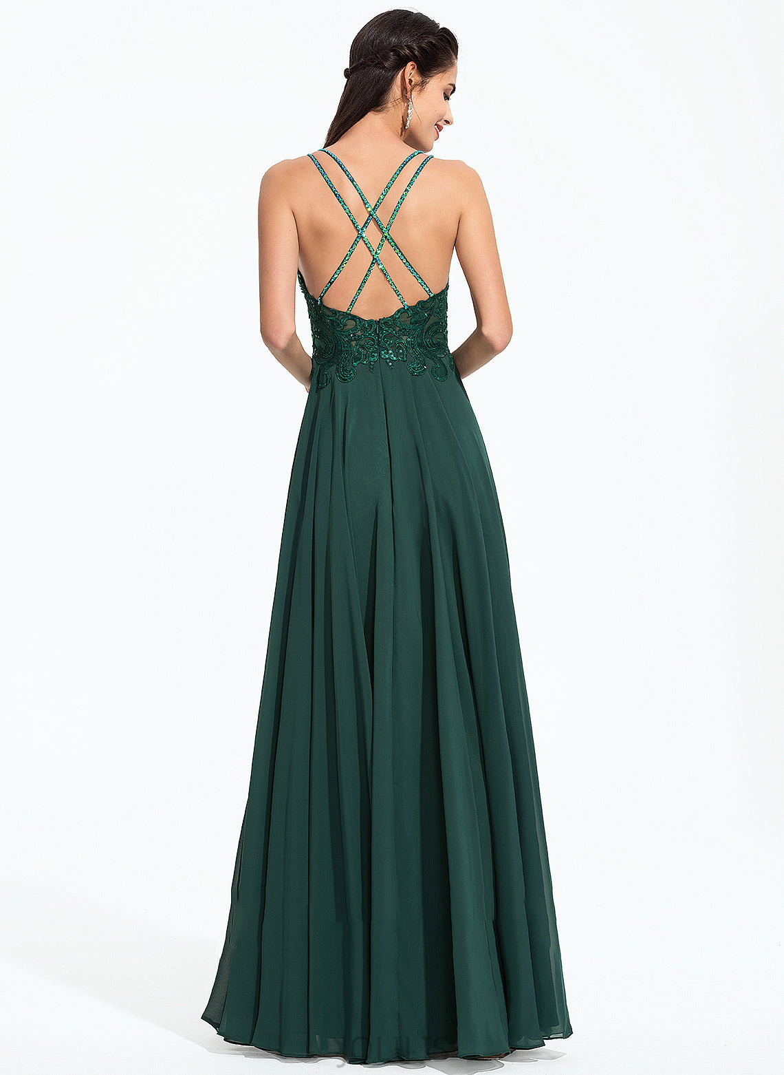 A-Line Sequins Prom Dresses Noemi Floor-Length Chiffon With Beading V-neck