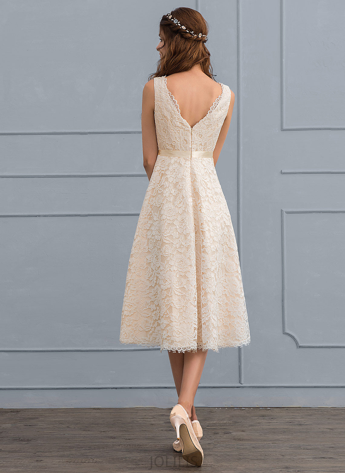 Wedding Knee-Length Leilani Dress Bow(s) With Lace Wedding Dresses A-Line V-neck