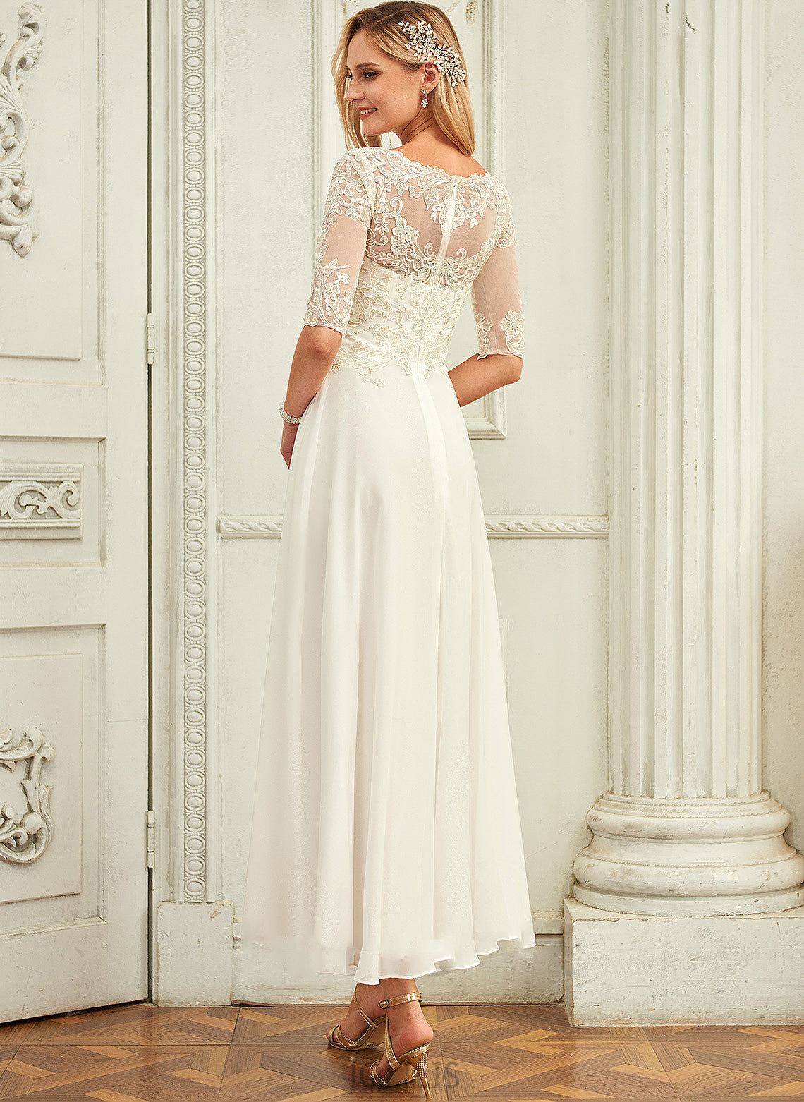 Dress Wedding Dresses Neck Chiffon A-Line Hedwig With Sequins Scoop Asymmetrical Beading Wedding