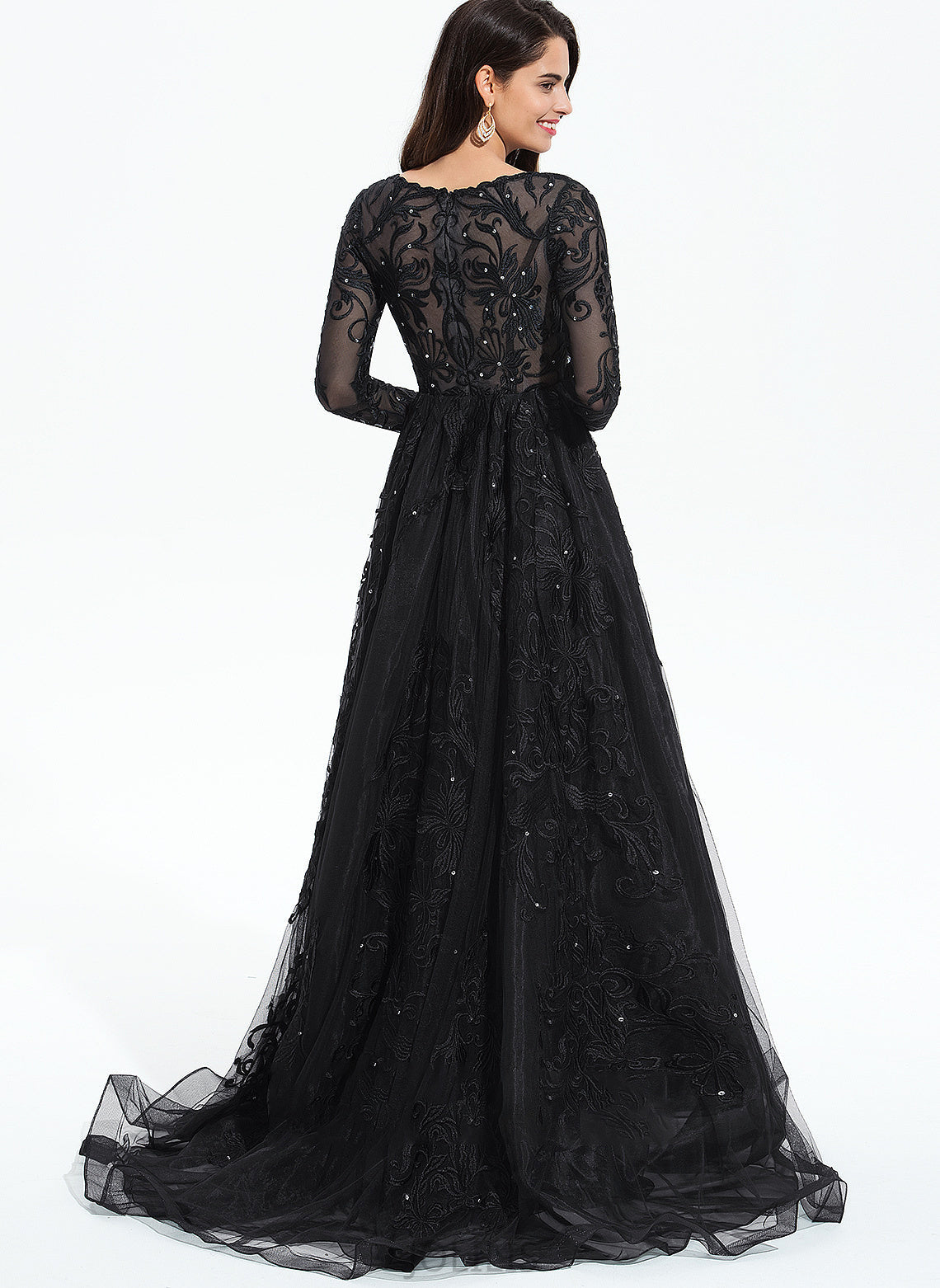 Hadley V-neck Ball-Gown/Princess Sweep Sequins With Train Prom Dresses Tulle Lace