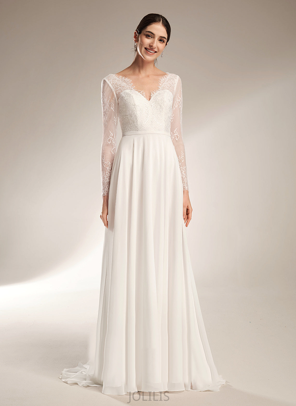 Dress Wedding Wedding Dresses Lace Train Chiffon Sweep A-Line V-neck Izabella