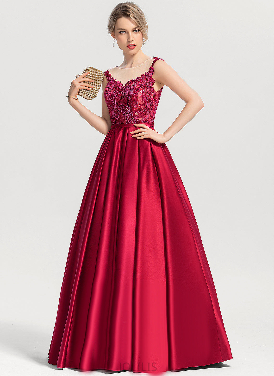 Sequins Ball-Gown/Princess Floor-Length Scoop Prom Dresses Anika Satin With Lace