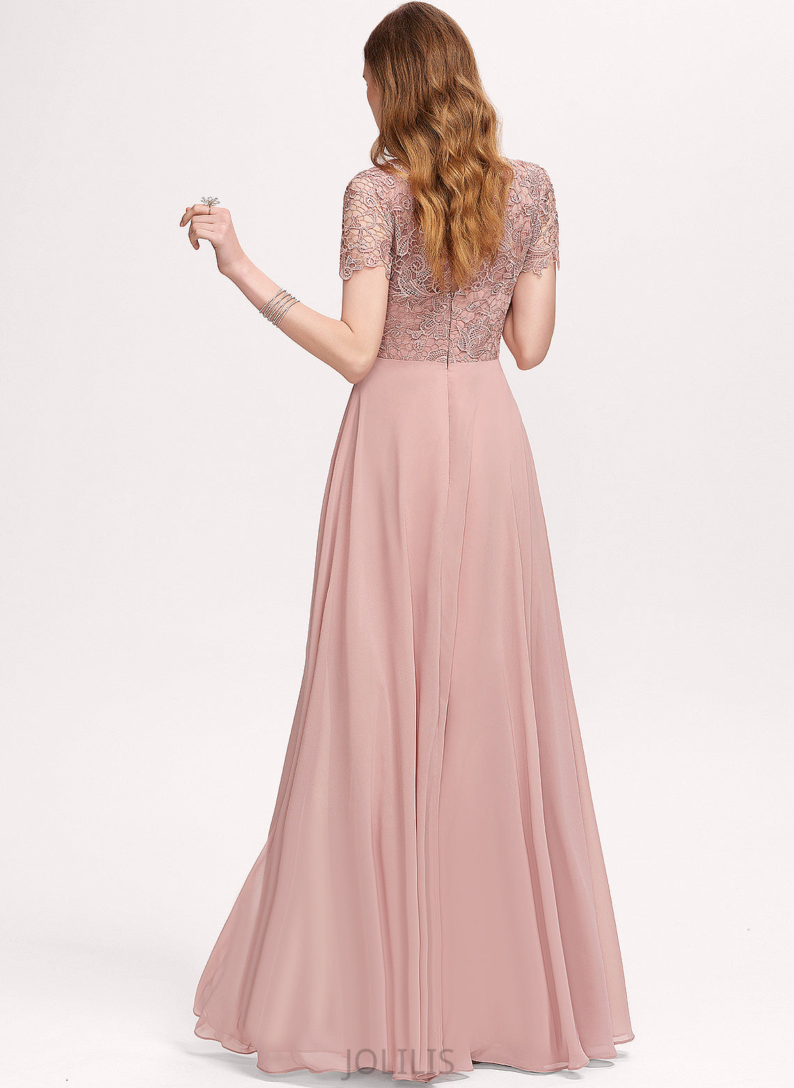 Floor-Length Scoop Lace Sequins Prom Dresses Chiffon With Johanna A-Line