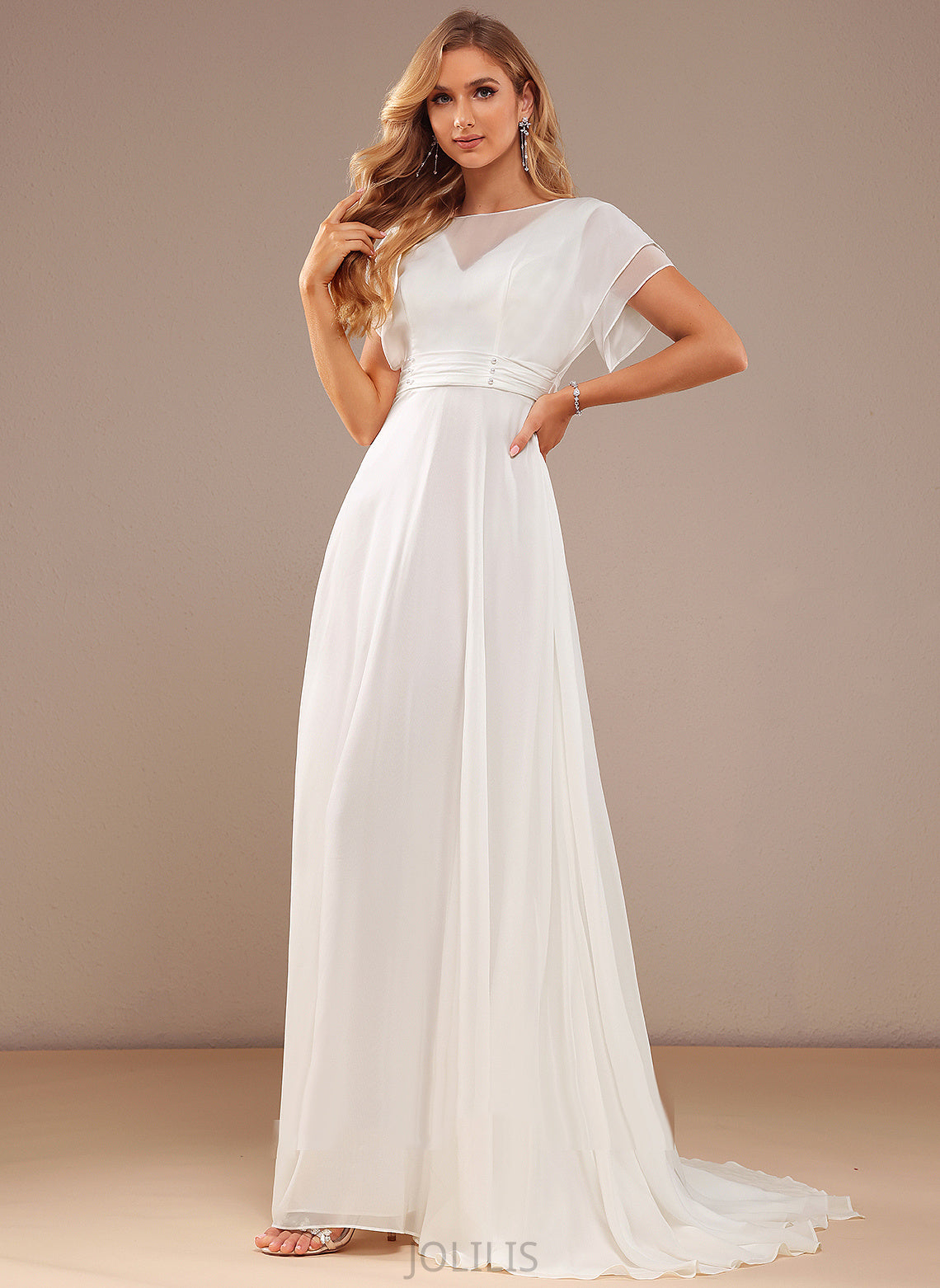 Dress With Wedding Neck Nataly Chiffon Wedding Dresses Train Beading Sweep Scoop A-Line