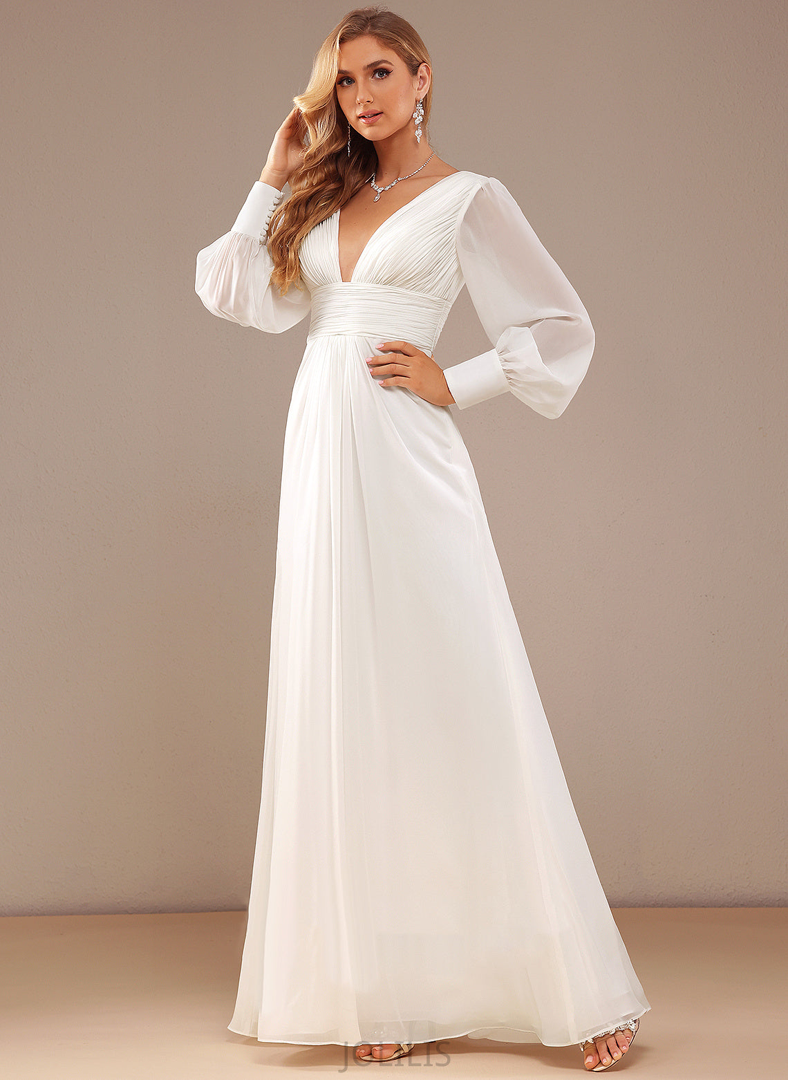 With V-neck Ruffle Wedding Dress A-Line Wedding Dresses Floor-Length Danica Chiffon