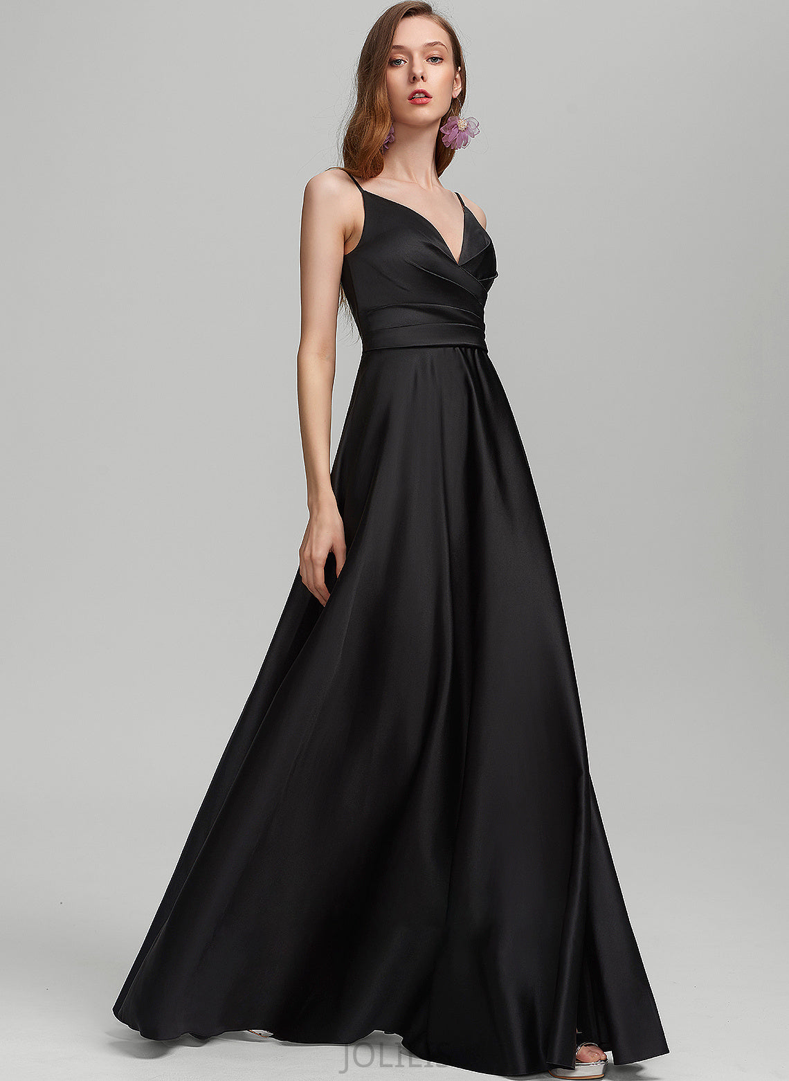 Emelia Prom Dresses Front Split With Floor-Length A-Line Ruffle Satin V-neck