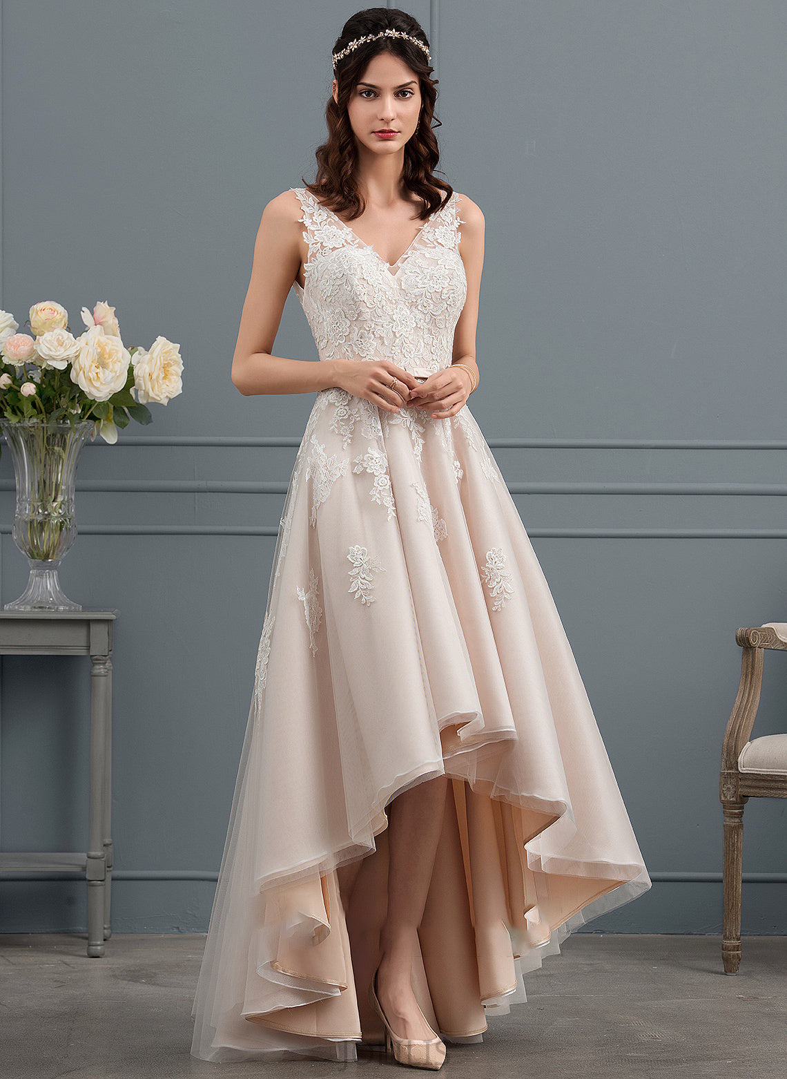 Bow(s) Tulle Dress Wedding Dresses With A-Line Camilla Lace Wedding Asymmetrical V-neck