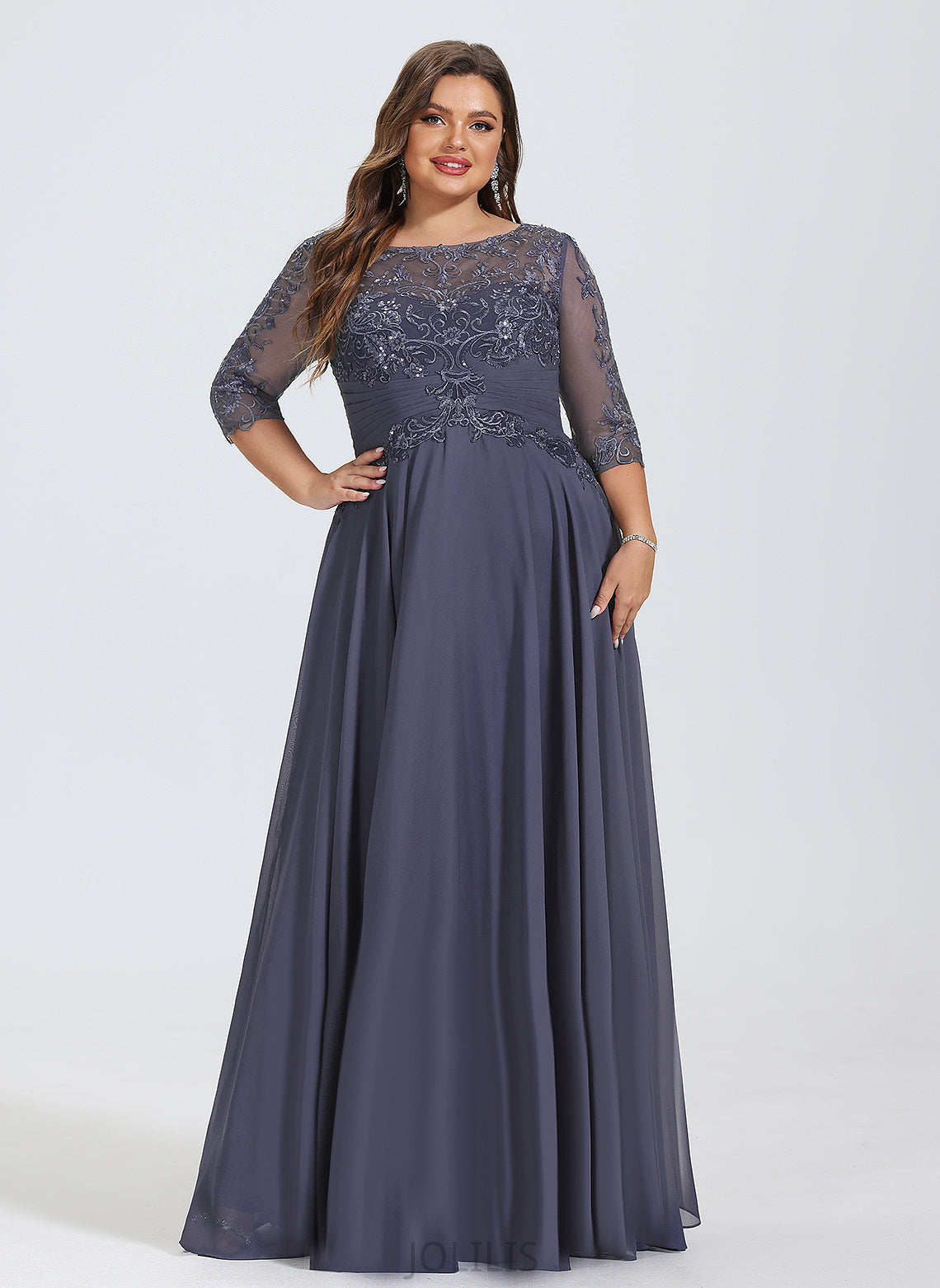 Scoop With Pleated Chiffon Lace Illusion A-Line Prom Dresses Sequins Floor-Length Genevieve