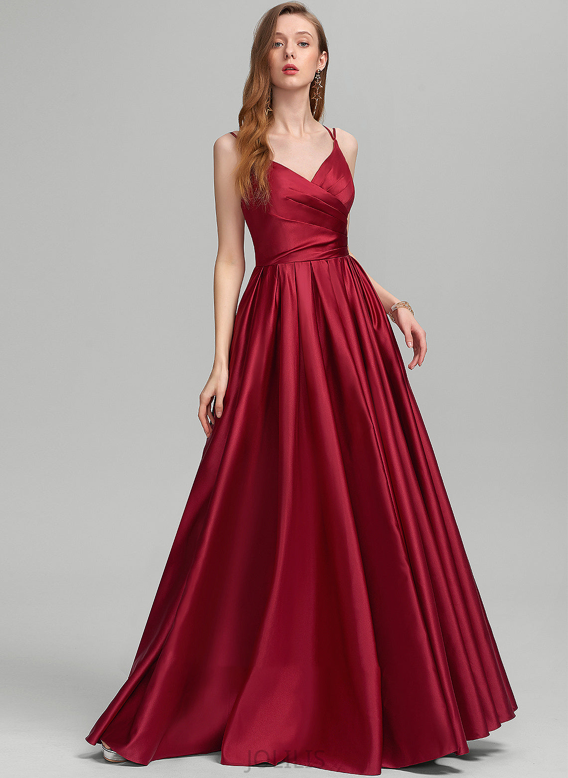 With Pockets A-Line Prom Dresses Clarissa V-neck Satin Floor-Length Ruffle