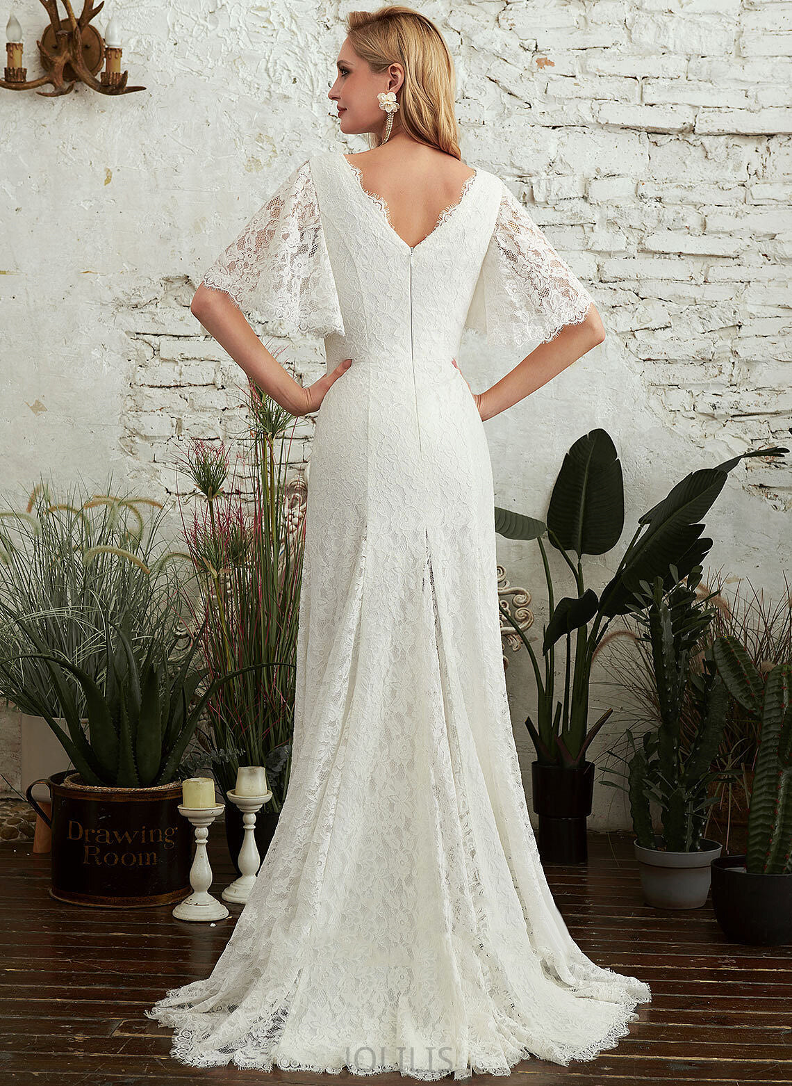 Wedding V-neck Lace With Wedding Dresses Sweep Split Lydia Train Dress Sheath/Column Front