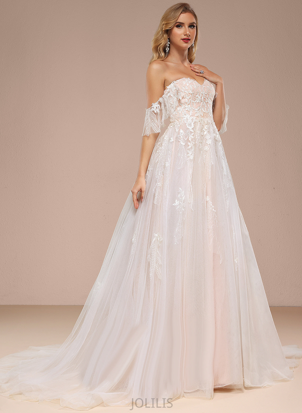 Tulle Lace Wedding Dresses Helen Wedding Off-the-Shoulder With Court Train Sequins Ruffle Dress Sweetheart Ball-Gown/Princess