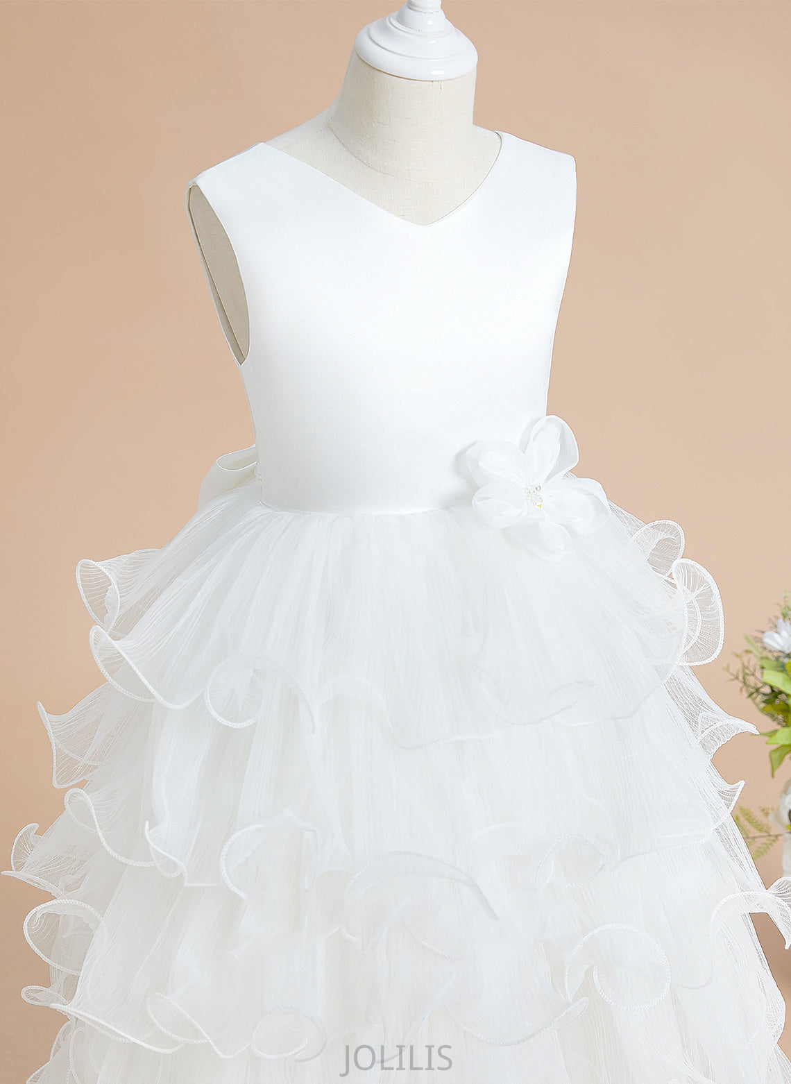 Satin/Tulle Sleeveless Tea-length Flower Girl Dresses Bow(s) Ball-Gown/Princess Girl Dress With - Flower Yuliana V-neck