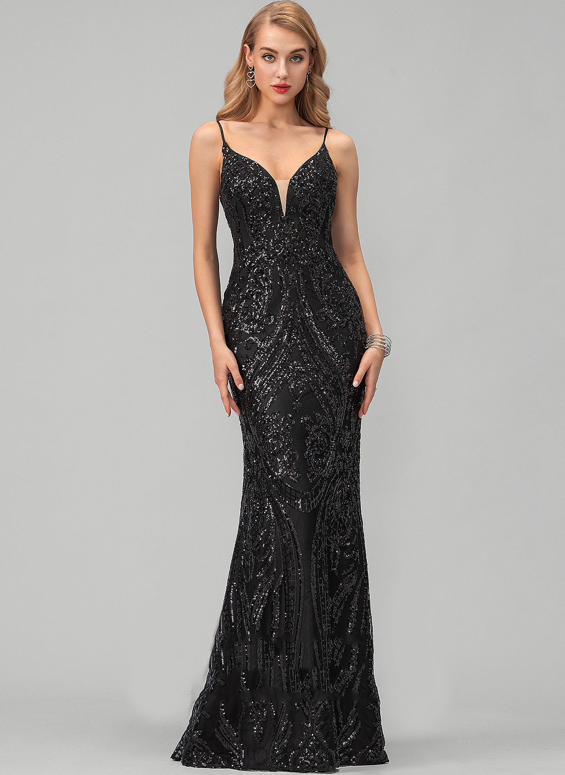 Floor-Length Sheath/Column Satin Rebekah Sequined Prom Dresses V-neck