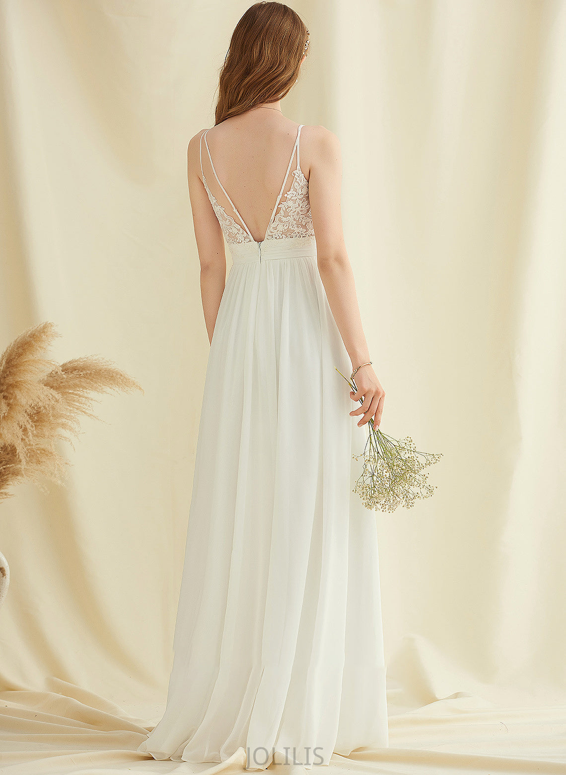 With Micah Wedding Dresses Floor-Length Chiffon A-Line Lace Dress Wedding V-neck