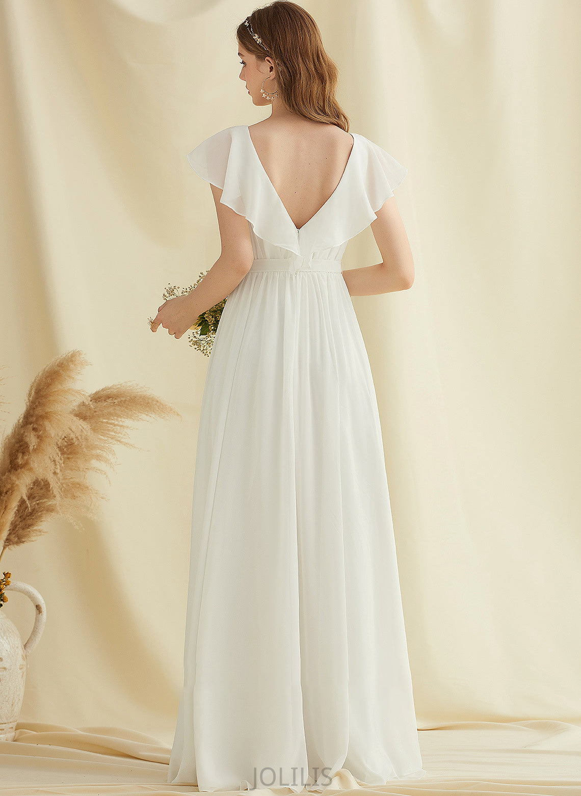 Wedding Front Wedding Dresses Floor-Length Ruffles Dress A-Line V-neck With Chiffon Split Gabrielle Cascading