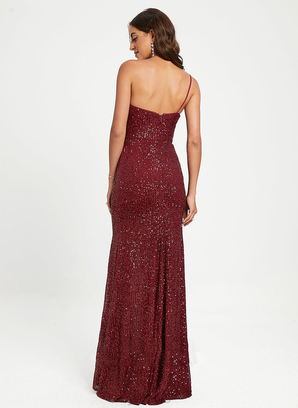 One-Shoulder Amy Sequined Sequins Floor-Length Sheath/Column With Prom Dresses Ruffle