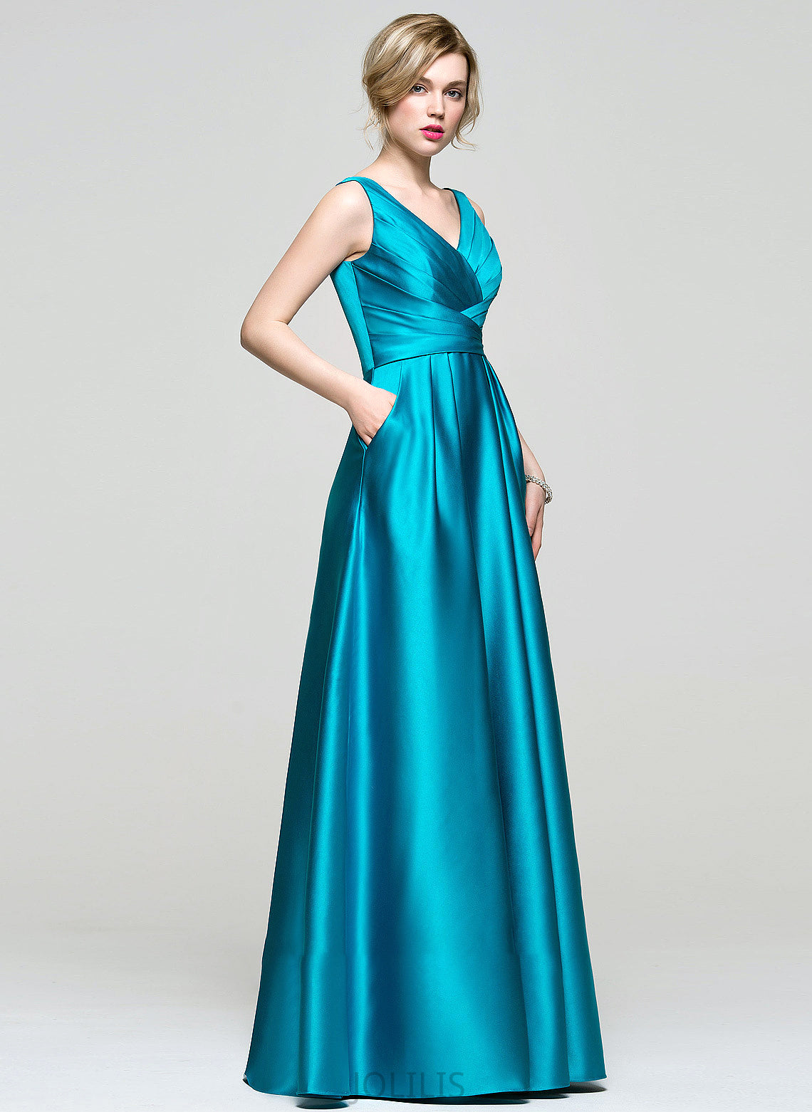 Ball-Gown/Princess V-neck Ruffle Pockets Satin With Floor-Length Neveah Prom Dresses