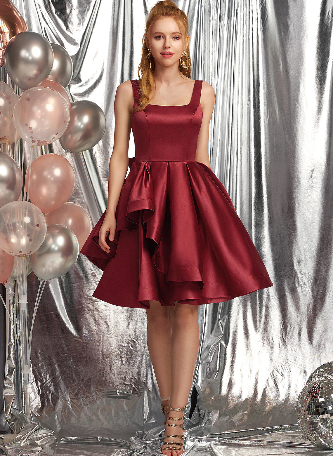 Dress Homecoming Dresses A-Line Satin Bow(s) Ruffles Neckline Square Cascading Knee-Length Homecoming With Anastasia