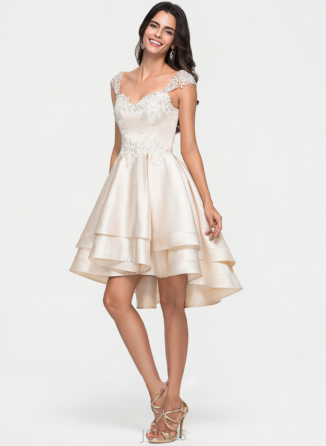 With Prom Dresses Asymmetrical Sweetheart Beading Cascading Satin A-Line Ruffles Lace Mya