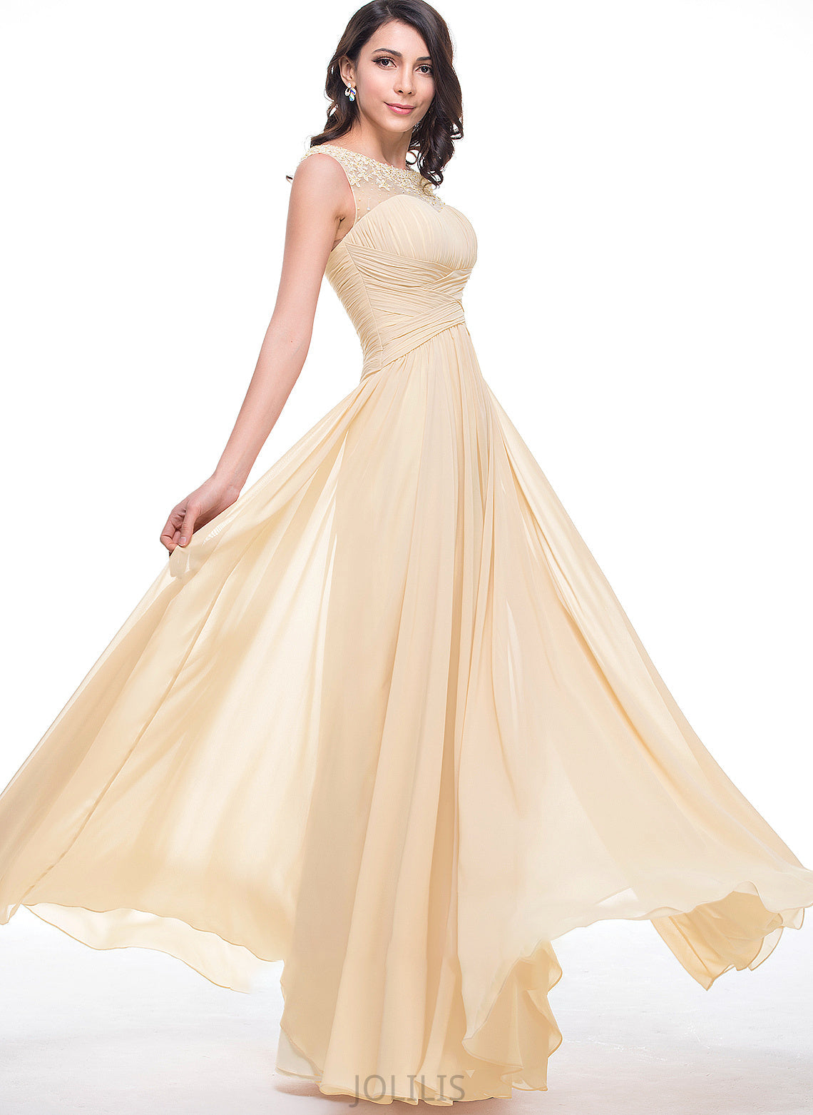 Ruffle Neck Kyla Flower(s) With A-Line Prom Dresses Scoop Chiffon Floor-Length Beading