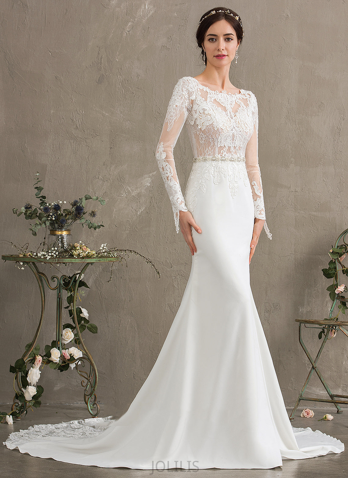 Sequins Wedding Dresses With Lace Wedding Dress Stretch Sophie Neck Scoop Crepe Train Beading Trumpet/Mermaid Chapel