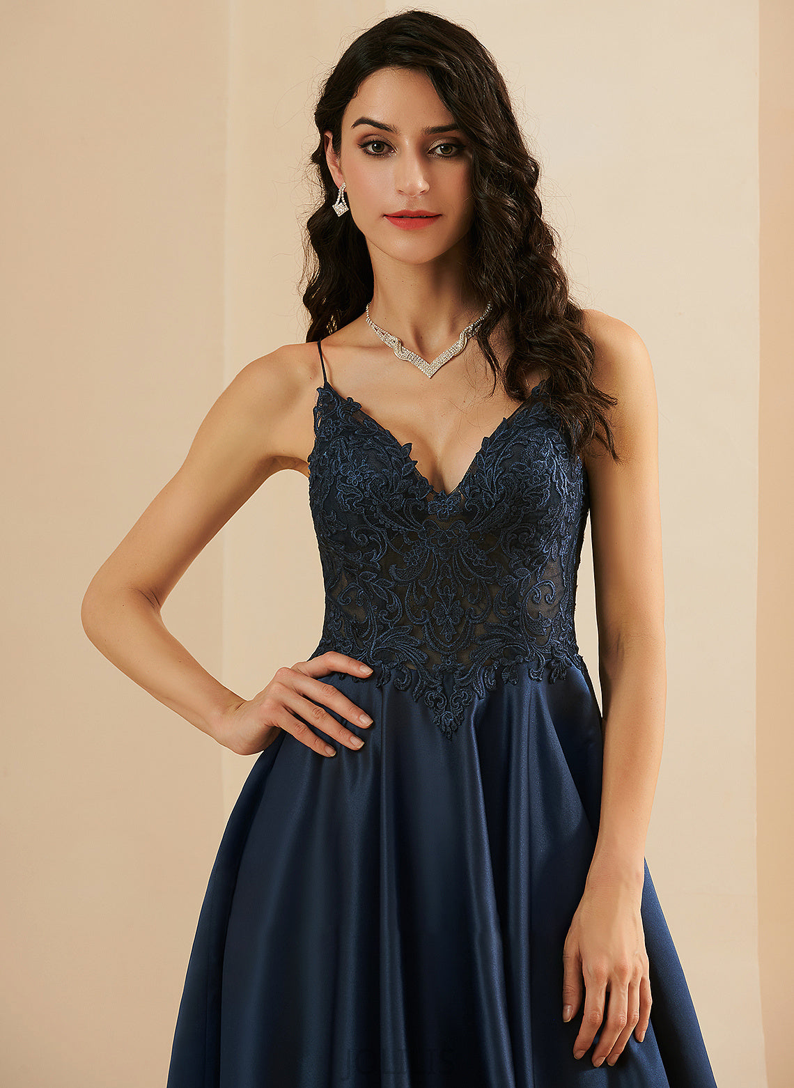 A-Line Prom Dresses Isis Satin With V-neck Floor-Length Lace