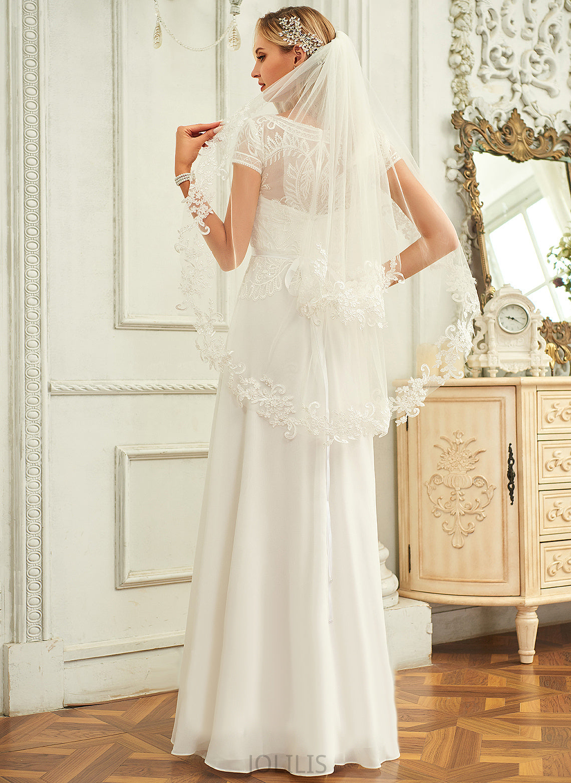 Chiffon Sequins Neck Dress Ada Wedding Dresses With Scoop Lace Wedding Floor-Length