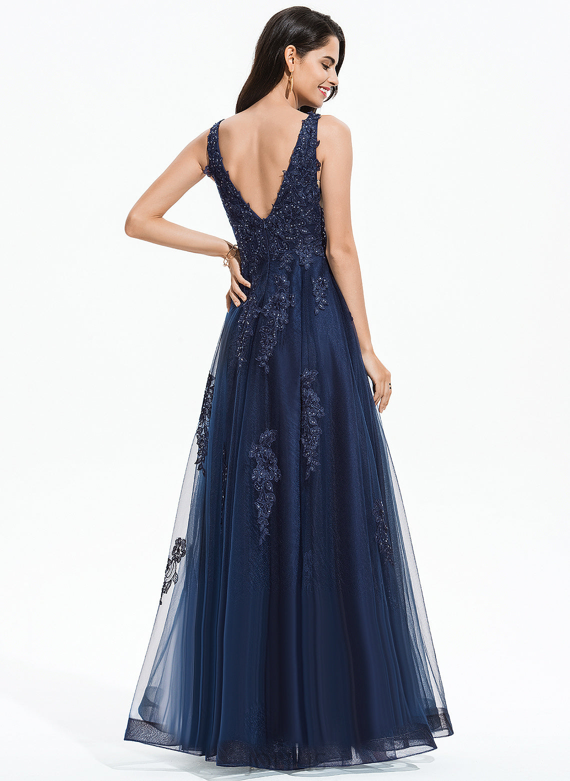 Sequins Floor-Length Tulle A-Line Emelia Prom Dresses With V-neck